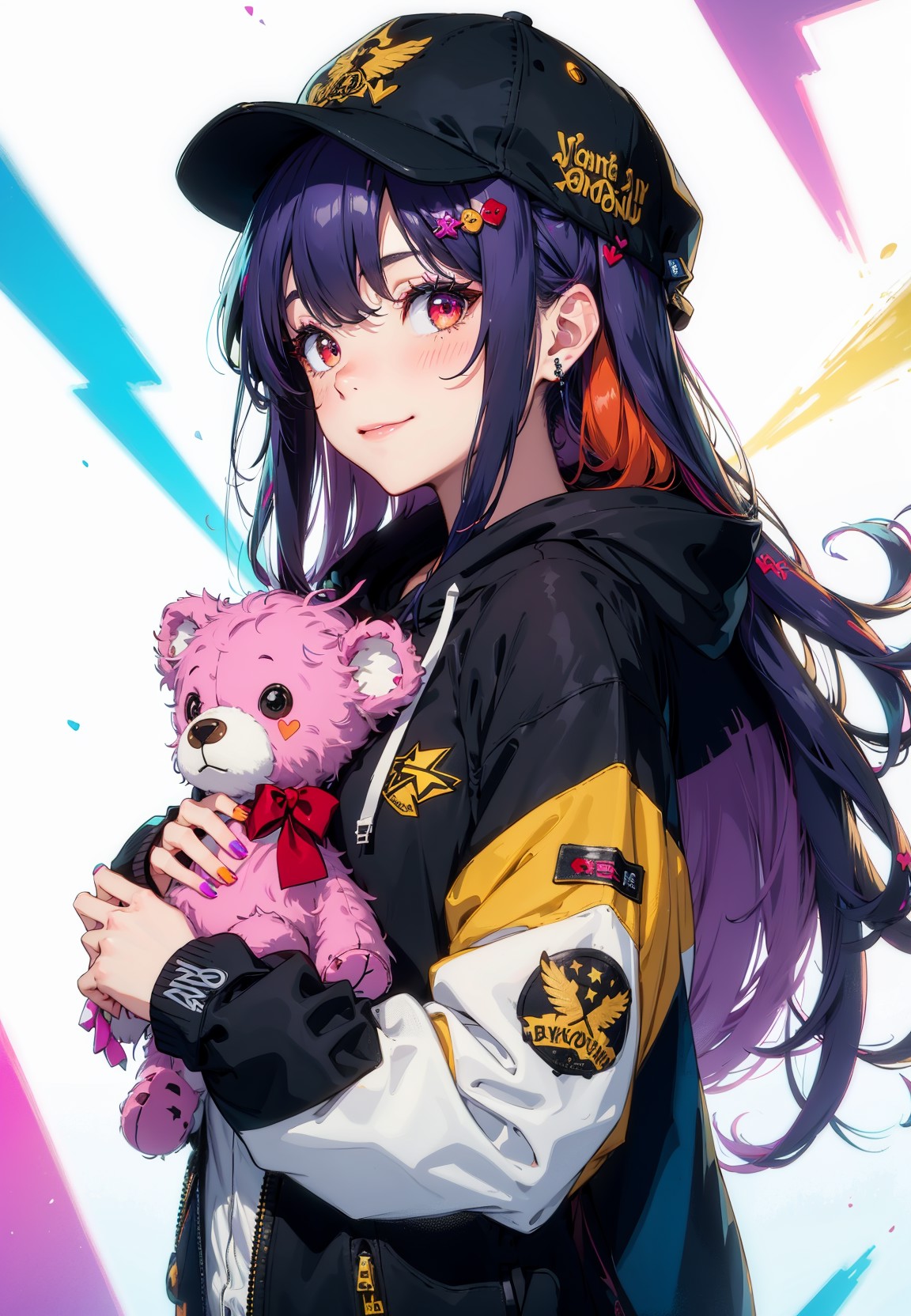 18195-768156501-1girl, teddy bear, baseball cap, hat, solo, stuffed animal, stuffed toy, smile, long hair, hood down, jacket, hood, headphones,.png